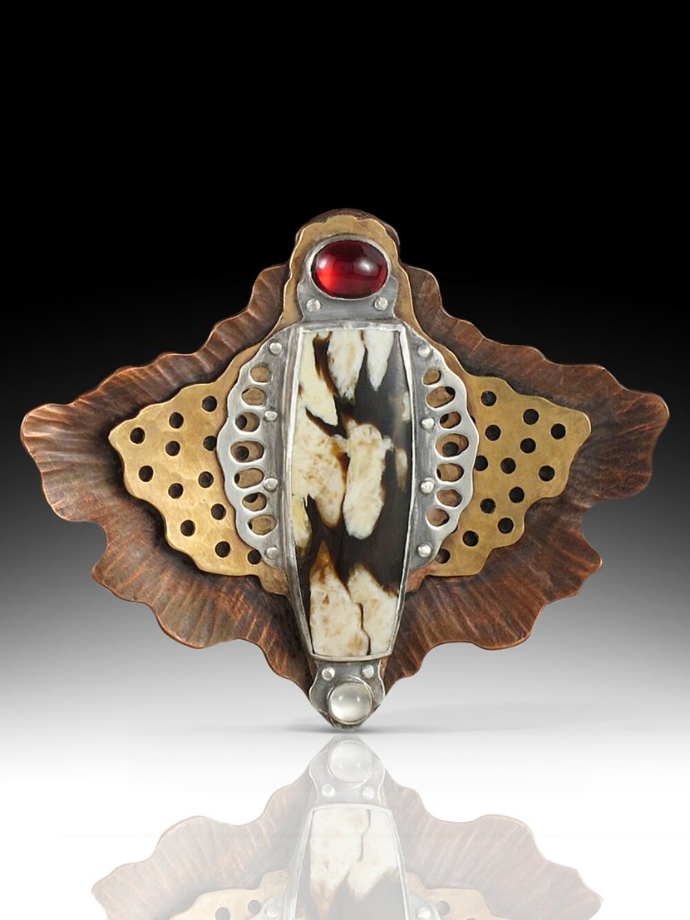 Copper, Bronze, & Sterling Silver Brooch w/ Peanut Wood, Garnet, Moonstone